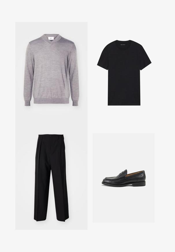 V-neck sweater in light gray, made of soft material. Features long sleeves and a ribbed hem. No patterns or notable hardware accents.; Black cotton t-shirt with short sleeves and a round neckline. The fabric has a smooth texture and a simple, solid design.; Black pleated trousers with a straight, wide-leg design. Made from smooth fabric, featuring a button closure and belt loops.; Black leather loafers with a smooth finish, rounded toe, and decorative stitching on the vamp. Low stacked heel and slight shine.