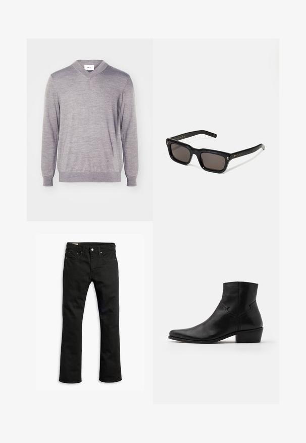 Švarkas su V formos iškirpte šviesiai pilkos spalvos, pagamintas iš minkštos medžiagos. Turi ilgas rankoves ir nusmukusį kraštą. Neturi raštų ar išsiskiriančių furnitūrų.; Juodos džinsinės kelnės su tiesiu kirpimu, penkiomis kišenėmis, metaliniu užsegimu ir subtiliomis siuvimo detalėmis. Lygus paviršius ir vientisa spalva.; Juodi odiniai auliniai batai iki kulkšnies su smailiu nosiu, minimaliais siuvimo akcentais, vidutinio aukščio blokuotu kulnu ir lygia, blizgia danga.; Juodos stačiakampės akinių nuo saulės su tamsiais objektyvais, storu plastiko rėmu, auksinėmis detalėmis ant šventyklų ir prekės ženklo logotipu išgraviruotu ant šono.