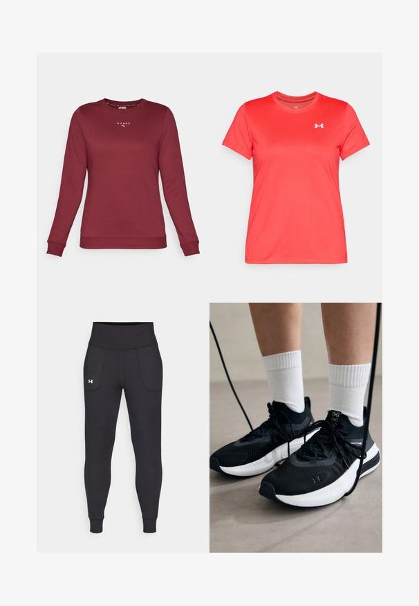 Bordó, hosszú ujjú pulóver, puha anyagból, kerek nyakkivágással és hímzett logóval a mellrészen. Bordás mandzsetta és alja.; Rövid ujjú sportpóló élénk piros színben, sima szintetikus anyagból készült. A bal felső mellrészen egy kis fehér logó található.; Fekete sportleggings rugalmas anyagból, magas derékfűzéssel, oldalsó zsebekkel és szűkített szárakkal a bokán.; Fekete sportcipők textúrált anyagból, fehér talppal és fekete fűzőkkel. Fehér bordázott zoknikkal viselve, világos felületen állva.
