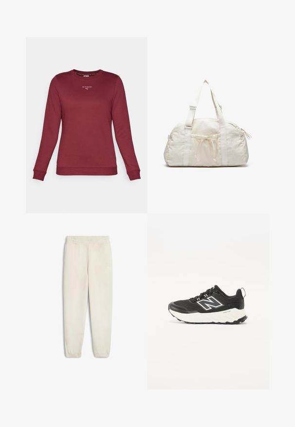 Felpa bordeaux a maniche lunghe in morbido tessuto, con scollatura rotonda e logo ricamato sul petto. Polsini e orlo a coste.; Pantaloni della tuta beige chiaro realizzati in morbido tessuto, con una vita elasticizzata, polsini alle caviglie e un piccolo logo bianco sul lato.; Scarpe da ginnastica nere con tomaia in tessuto strutturato, suola intermedia bianca a contrasto e un logo grigio prominente sul lato. Suola in gomma con trazione.; Borsa a forma di cupola di colore bianco, realizzata in tessuto testurizzato. Presenta due manici, una chiusura con cordino e una tasca laterale con zip.