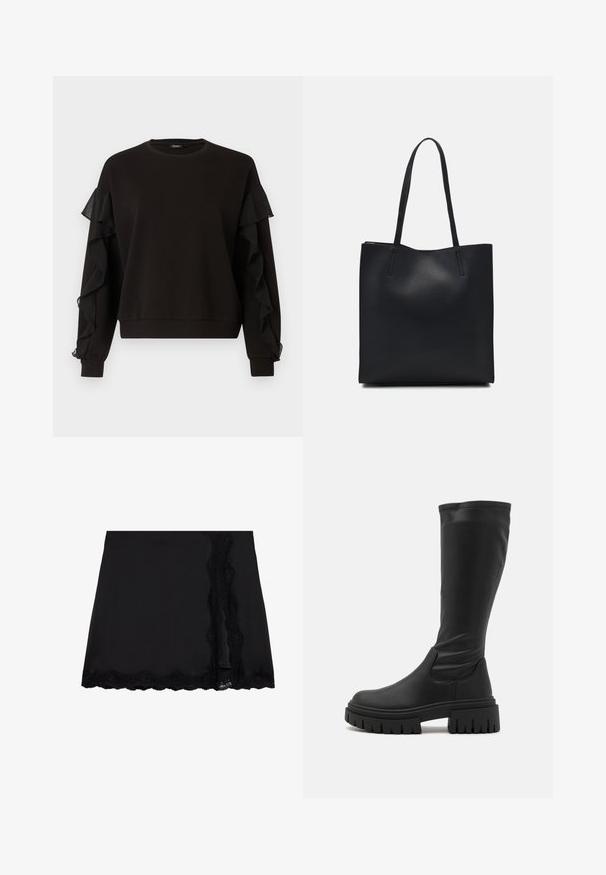 Felpa nera con dettagli in tessuto trasparente arricciato sulle maniche, scollo tondo e vestibilità comoda con polsini e orlo a coste.; Even&Odd Minigonna - black; Even&Odd Stivali con plateau - black; Borsa tote in pelle nera con texture liscia, forma rettangolare e due manici lunghi. Nessun hardware o decorazione visibile.