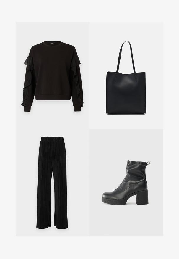 Czarna bluza z falbanami z przezroczystej tkaniny na rękawach, okrągłym dekoltem i luźnym krojem z prążkowanymi mankietami i dołem.; Czarne spodnie plisowane z elastycznym paskiem w talii. Posiadają szerokie nogawki oraz gładki, teksturowany materiał z pionowymi paskami.; Czarne botki za kostkę wykonane z gładkiej skóry, wyposażone w boczny zamek błyskawiczny, masywny teksturowany obcas oraz zaokrąglony czubek.; Czarna skórzana torba tote o gładkiej fakturze, prostokątnym kształcie i dwóch długich uchwytach. Brak widocznych elementów metalowych i ozdób.