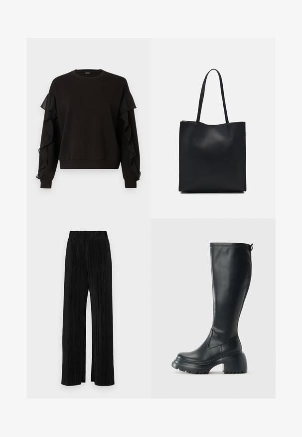 Musta collegepaita, jossa on röyhelöidyt läpikuultavat kangaskoristeet hihoissa, pyöreä pääntie ja rento istuvuus, jossa resorit hihansuissa ja helmassa.; Mustat pleatatut housut, joissa on joustava vyötärö. Ominaisuuksiin kuuluvat leveät lahkeet ja sileä, teksturoitu kangas, jossa on pystysuoria raitoja.; Korkeat mustat nahkakengät, joissa on paksu pohja ja lohkare korko, varustettuna vetonauhalla ja tekstuurilla ulkopohjassa.; Mustapahkainen kangaskassi, jossa on sileä pinta, suorakaiteen muotoinen ja kaksi pitkää kahvaa. Ei näkyvää metalliosaa tai koristeita.