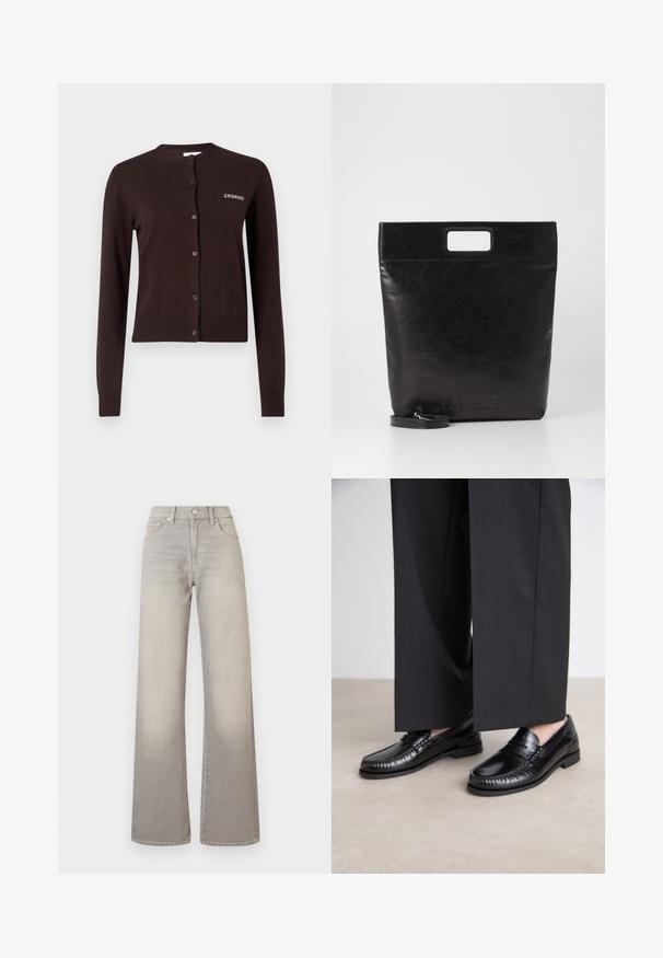 Hnědý pletený kardigan s dlouhými rukávy, kulatým výstřihem, předním zapínáním na knoflíky a textem "2ND DAY" na levé straně. Hladké vroubkované manžety a lem.; Šedé široké džíny s vybledlým vzhledem, zapínání na knoflík, pět kapsičkový design a prošívání podél švů.; Černé kožené loafers s hladkým povrchem, prošívané detaily kolem špičky a nízkou gumovou podrážkou. V kombinaci s širokými černými kalhotami.; Černá kožená taška přes rameno se čtvercovou rukojetí, s texturovaným povrchem a embosovaným logem. Obsahuje odnímatelný popruh.