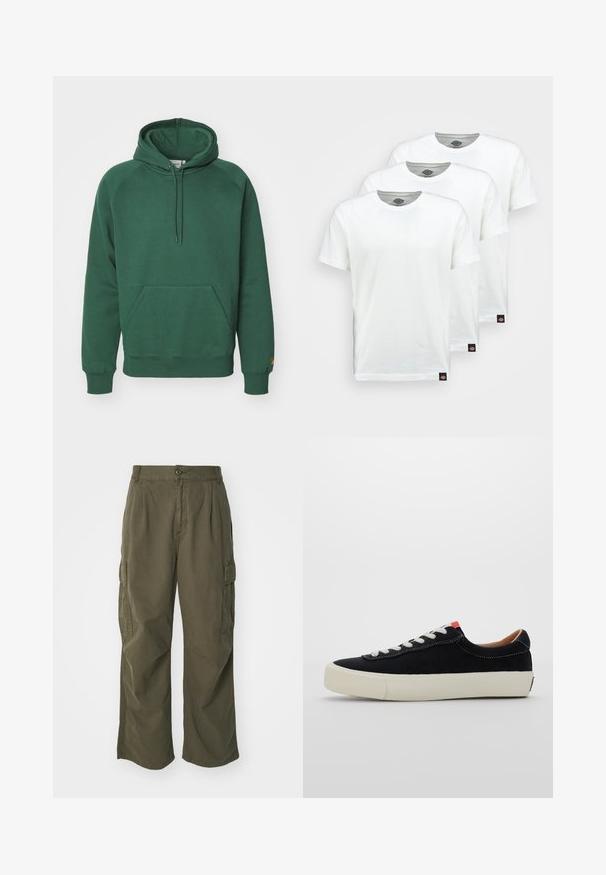 Carhartt WIP HOODED CHASE - Collegepaita - sycamore tree/gold; Kolme valkoista puuvillapaitaa, joissa on lyhyet hihat. Jokaisessa paidassa on pyöreä pääntie ja pieni musta logo-tagga vasemmalla puolella.; Vihreät cargo-housut, valmistettu puuvillasta, leveällä lahjesuunnittelulla, taitoksilla ja sivutaskuilla käytännöllisyyttä varten.; Mustat kangaskengät, joissa on valkoiset nauhat, vaaleanbeige kumipohja ja punainen yksityiskohta kannassa. Varvassuoja on pyöristetty ja ompelusaumoja on hyvin vähän.