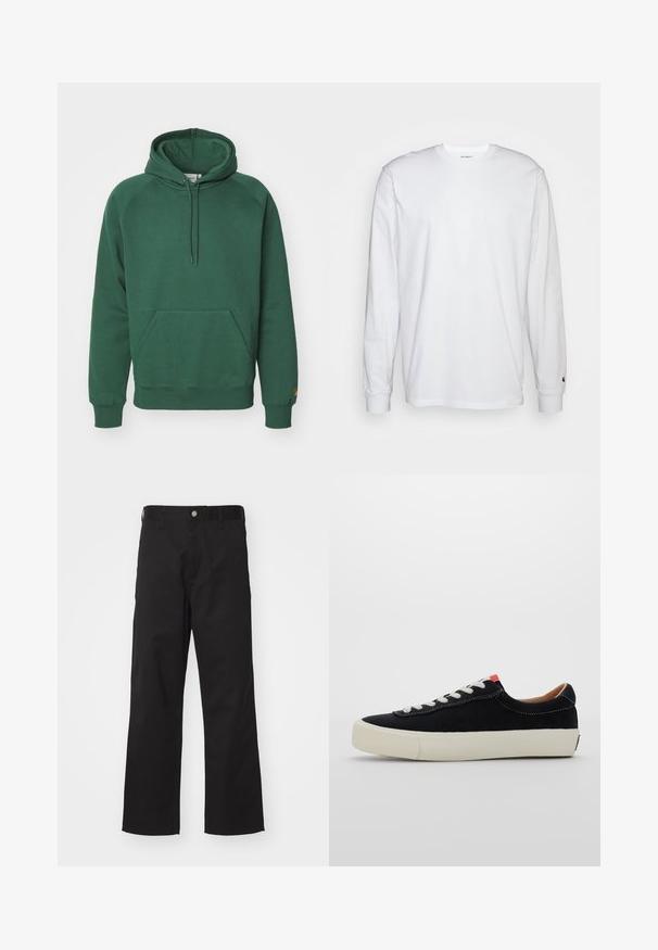 Carhartt WIP HOODED CHASE - Sweatshirt - sycamore tree/gold; T-shirt blanc à manches longues en coton. Design à col rond avec des poignets côtelés et un petit logo sur la manche gauche. Texture lisse.; Pantalons noirs en tissu durable avec une coupe droite, dotés d'une fermeture à bouton à l'avant, de passants de ceinture et sans motifs ni accents visibles.; Baskets en tissu noir avec lacets blancs, semelle en caoutchouc beige et accent rouge au talon. Bout arrondi et détails de couture minimes.