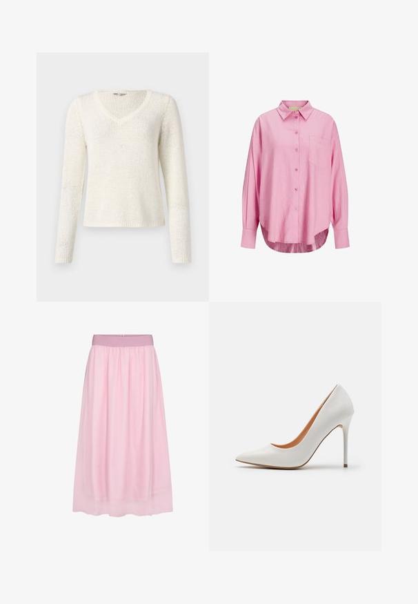 V-hals, langærmet sweater i off-white strik. Har en afslappet pasform, tekstureret mønster og en simpel kant. Letvægtsstof.; Lyserød button-up skjorte med krave, lange ærmer, enkelt brystlomme og en let afrundet kant. Stoffet ser blødt ud.; Rosa tylskørt med et blødt, gennemsigtigt design. Har en elastisk talje og en svævende silhuet, der skaber en lagdelt effekt.; Hvid patentlæder højhælet pumpe med spids tå og slank stiletto-hæl, der har en glat overflade og en beige inderside.