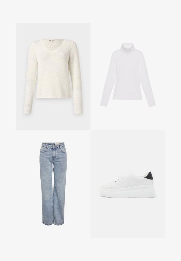 Pull à col en V, à manches longues, en tricot blanc cassé. Présente une coupe décontractée, un motif texturé et un ourlet simple. Tissu léger.; Haut à col roulé à manches longues blanc, fabriqué en tissu lisse et extensible. Il présente un col haut et une coupe ajustée, sans motifs ni embellissements visibles.; Jeans larges bleu clair en denim, dotés d'une taille haute, d'un design à cinq poches et d'un léger dégradé pour un aspect usé.; Baskets plates blanches en matériau synthétique lisse, avec un bout arrondi, un design à lacets et une semelle en caoutchouc texturé. Accent de talon noir.
