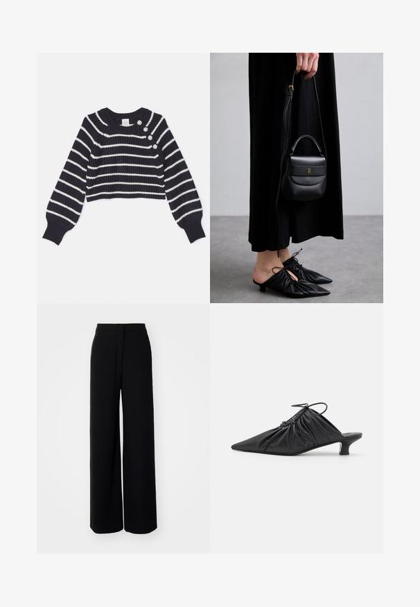 Cinq à Sept KEREN - Džemper - navy/ivory; Mustad laiad püksid kõrge vöökohaga, sileda kangaga, eesnupu sulgmisel ja nähtamatute taskutega, millel on kohandatud lõige.; Mustad nahast libisemisega mullingud terava varbaga, volditud tekstuuriga ja väikese kitinõelaga. Omab tõmbluku detaili avas.; Väike must nahast käekott ümarate vormidega, ülemise sangaga ja eemaldatava rihmaga. Kanda musta kangast kleidi ja mustade voltimisega kingadega.