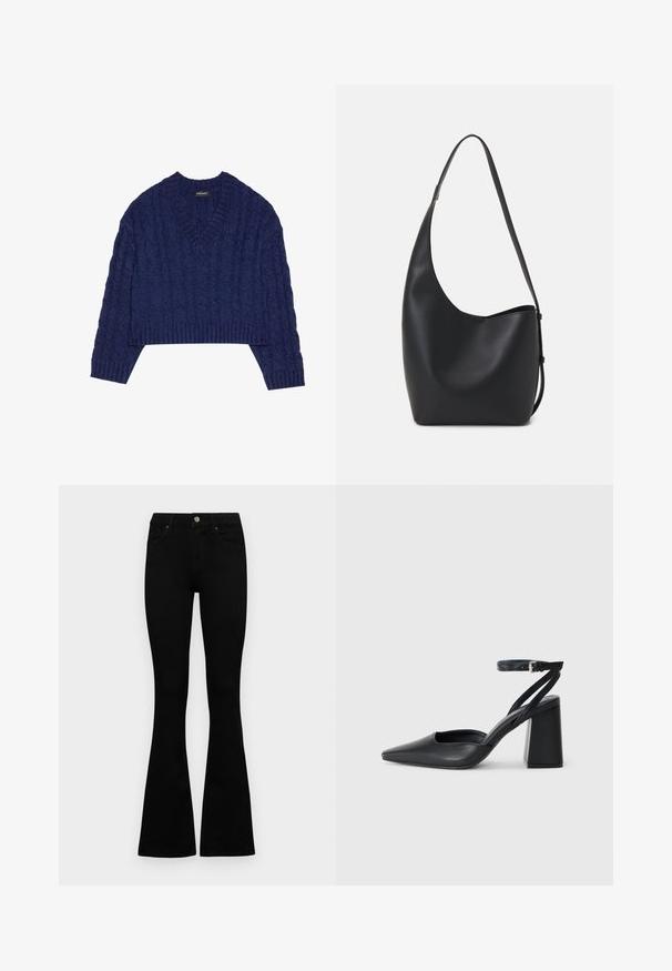 Temno modra skrajšana jakna s V-izrezom, ki ima teksturiran vzorec pletenice in rebraste manšete ter spodnji del. Narejena iz pletenega materiala.; Črne visokotopne kavbojke z gumbom in zadrgo, sprednjimi žepi in razširjenimi hlačnicami, poleg bel background.; Črne usnjene klasične čevlje z ostrim nosom, z zaponko za gleženj in debelim peto. Ravna tekstura, eleganten dizajn in minimalistična estetika.; Črna usnjena hobo torba z gladko teksturo, ukrivljeno obliko in eno nastavljivo naramnico; ima širok odprtina na vrhu.