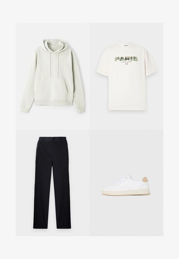 Gaišs pelēks kapucis izgatavots no mīkstas auduma, ar kabatu uz priekša, regulējamu šņorējamu kapuci un minimālu logo priekšpusē.; Balti kokvilnas T-krekls ar lielu grafisku apdruku "PARIS" kamuflāžas dizainā. Īsās piedurknes un apaļš dekoltē. Ikdienišķs, brīvs pieskaņojums.; Melni bikses ar vieglu, teksturētu audumu, taisnu kāju dizainu, elastīgu jostu un sānu rāvējslēdzēju kabatām.; Baltās zemas kedas ar faktūru ādas virsu, krēmkrāsas rievojamu zoli un brūnu pacēlumu uz papēža. Iekļauj baltas auklas un logo detaļu uz papēža.