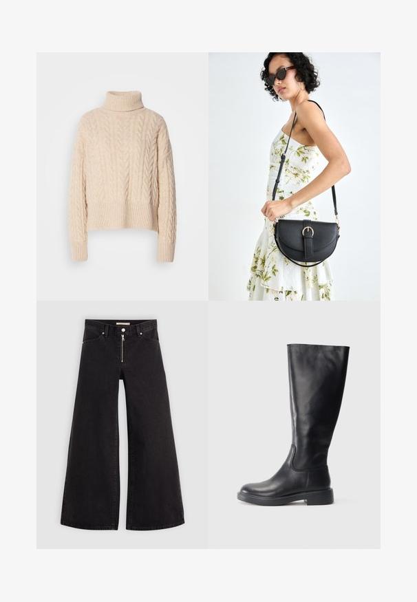 Suéter de gola alta em creme, com tricot de cabos, punhos e barra canelados. Textura de lã espessa, design cropped e ajuste descontraído.; Calças de ganga de perna larga em denim preto com fecho éclair à frente, design de cinco bolsos e detalhes de costura subtil. Textura suave e estilo casual.; Bota alta de couro preto com salto baixo e bico arredondado, vista lateral sobre fundo branco.; Bolsa de couro preta com forma curva, alça destacável e detalhes em dourado. A bolsa possui uma aba com detalhe de fivela.