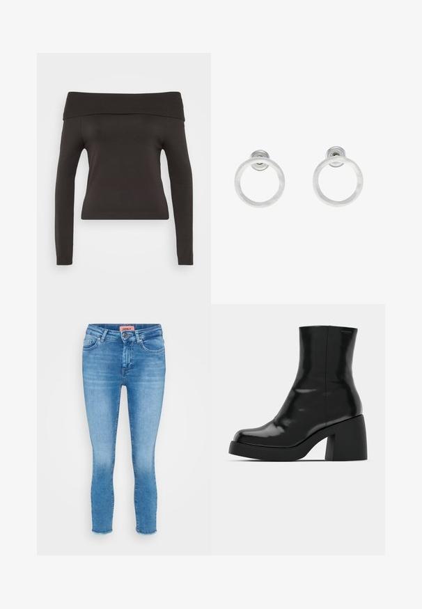 Melnā piedurkņu virsma bez pleciem ar garām piedurknēm. Izgatavota no elastīga auduma, ar ribotu apkakli un pieguļošu piegriezumu.; Trīs garām piedurknēm apgrieztas blūzes, sakrautas, krāsās balta, bēša un blāvi tumši zila, ar apaļiem kakla izgriezumiem, uz gaiši pelēka fona.; Gaiši zili džinsi ar ciešu piegriezumu, vidēja augstuma vidukli, piecu kabatu dizainu un neapstrādātu apakšmalu pie potītēm. Zīmola marķējums redzams vidukļa apgabalā.; Melnas potītes zābaku ar spīdīgu apdari, kvadrātveida pirkstu un biezu bloku papēdi. Dizainā ir bezšuvju siluets un minimāla zīmola identitāte.; Sudraba metāla gredzenveida auskari ar matētu faktūru, ar apaļu dizainu un caurspīdīgu aizdari, lai nodrošinātu drošu valkāšanu.