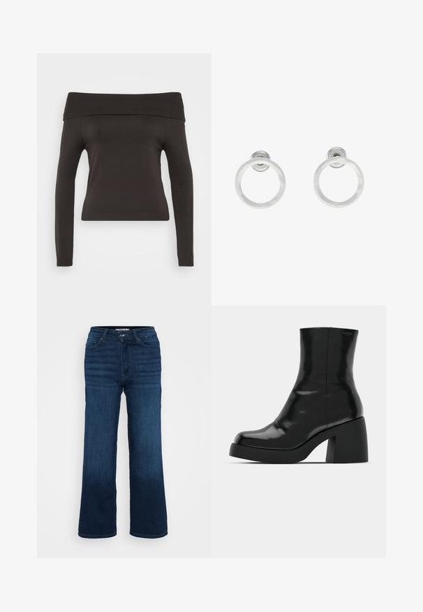Black off-the-shoulder sweater with long sleeves. Made from stretchy fabric, featuring a ribbed neckline and a fitted design.; ONLY Petite ONLMADISON BLUSH WIDE - Wide Leg - dark blue denim; Black ankle boots with a glossy finish, square toe, and a thick block heel. The design features a seamless silhouette and minimal branding.; Silver metal hoop earrings with a brushed texture, featuring a circular design and a clear post back for secure wear.