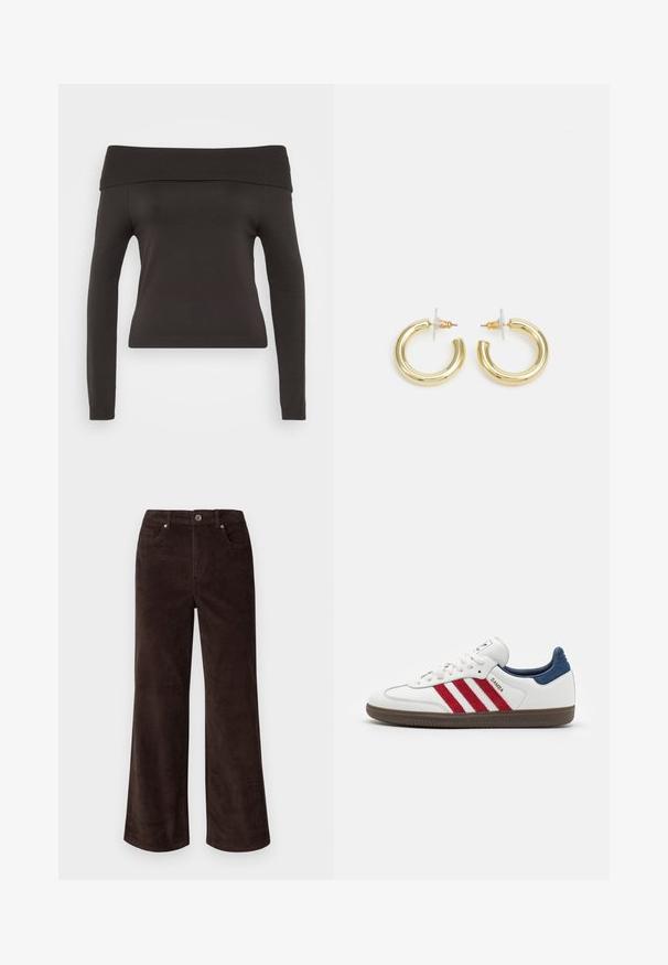 Fekete, vállnál kilátszó pulóver hosszú ujjal. Rugalmas anyagból készült, bordázott nyakkivágással és testhezálló fazonnal.; Vero Moda Petite VMTESSA PANTS - Nadrágok - chocolate torte; Fehér sneaker piros velúr csíkokkal, kék velúr sarkú kiegészítővel és texturált barna gumitalppal. Fűzős záródással és logóval rendelkezik.; Arany fülbevalók sima, fényes felülettel. Kör alakú dizájn, amely kis kapoccsal és átlátszó tartozékkal rendelkezik a biztonságos viselés érdekében.