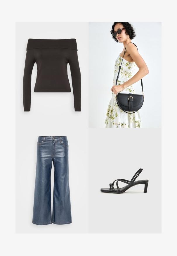 Pulover negru, cu umerii descoperiți, cu mâneci lungi. Fabricat dintr-un material elastic, având un guler ribatit și un design ajustat.; Pantaloni din denim cu picioare largi, de culoare albastru închis, având o textură fină, design cu cinci buzunare și cusături contrastante. Închidere frontală cu buton și fermoar.; Sandal cu barete negre, cu vârf pătrat și toc mic de bloc. Prezintă mai multe barete subțiri și o bareta ajustabilă la gleznă. Fabricat din piele netedă.; Geantă din piele neagră, cu o formă curbată, curea detașabilă și accesorii aurii. Geanta are un capac cu un detaliu tip cataramă.