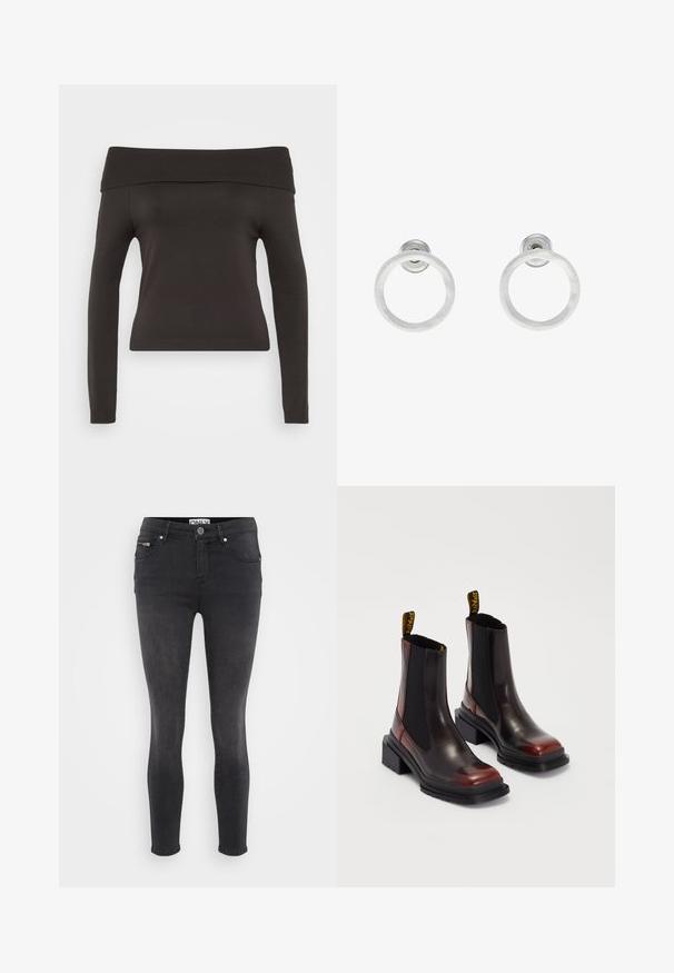 Schwarzer schulterfreier Pullover mit langen Ärmeln. Hergestellt aus dehnbarem Stoff, mit einem gerippten Ausschnitt und einer figurbetonten Passform.; Schwarze, enge Jeans aus Denim. Verfügt über einen Knopfverschluss vorne und eine Reißverschlusstasche an der Taille. Glatte Textur mit minimaler Ausbleichung.; Dr. Martens MAYBOLE CHELSEA - Plateaustiefelette - black/cherry red; Silberne Metall-Hoops Ohrringe mit gebürsteter Oberfläche, die ein kreisförmiges Design aufweisen und mit einem klaren Steckverschluss für einen sicheren Halt ausgestattet sind.