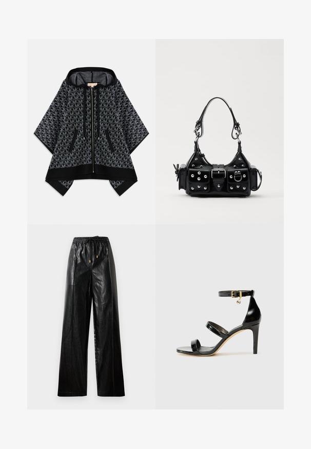 Juodas gobtuvas pončas su tekstūruota pilka raštu, kuriame yra kartojantis logotipas. Du užtrauktukais uždaromi kišeniai ir priekinių užtrauktukų uždarymas. Minkšta medžiaga.; Juodas trumpas tanko tipo marškinėlis su pakartotu baltu MK logotipo raštu, apvaliu iškirpimu ir plačiomis petnešomis. Lygus paviršius.; Juodos odinės plačios kelnės su elastine juosta, raišteliu ir auksiniais akcentais. Lygus paviršius ir laisvas fasonas.; Juodas patentuotas odinis sandalai su trimis diržais, kulkšnies sagtimi ir 4 colių stiletto kulnu. Yra aukso detalės ir logotipo žavesys.; Juodas odinis rankinukas su kreiviu dizainu, su sidabro spalvos knopkėmis, užsegimu ir dviem šoninėmis kišenėmis. Reguliuojama dirželis nešimui.