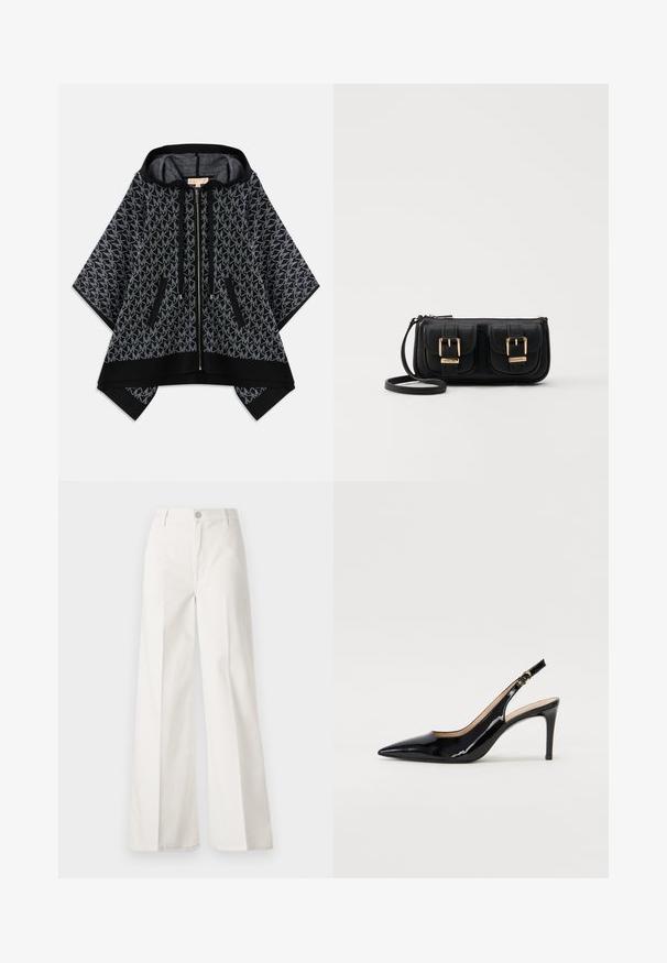 Mustapaitainen poncho, jossa on teksturoitu harmaa kuvio ja toistuva logo. Kaksi vetskaritaskua ja edessä vetskarilla suljettuna. Pehmeä kangas.; Valkoiset leveälahkeiset housut, jotka on valmistettu puuvillasta ja joissa on sileä rakenne. Ominaisuuksiin kuuluvat etupainike, vetoketjuluukku ja neljän taskun muotoilu.; Musta lakattu nahkainen slingback-korkokenkä, jossa on terävä kärki, kapea korko ja hillitty leikkaussuunnittelu. Varressa on kultainen solki.; Musta nahkainen olkalaukku, jossa on kaksi etutaskua, kultaiset soljet, vetoketjukiinnitys ja kapea hihna. Teksturoidun pinnan ja kompaktin suorakaiteen muoto.