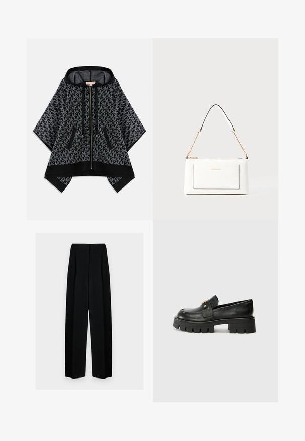 Must kollane kapuutsiga ponšo, millel on tekstureeritud hall muster ja korduv logo. Kaks lukuga taskut ja ees lukuga kinnitamine. Pehme kangas.; Mustad laiad püksid kõrge vöökohtaga, millel on voldid ja sujuv tekstuur. Kanga välimus on kerge ja see ripub elegantselt.; Mustast nahkfrontaalid, millel on paks tald, esiosas kullatooni aksent ja sile viimistlus. Talse paksu mustriga disain.; Valge nahast kott tekstureeritud viimistlusega, millel on kuldne kettling ja mustad aktsendid. Include eesmine tasku ja tõmblukk.