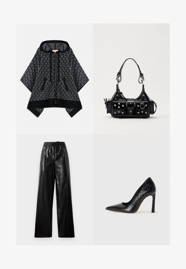 Must kollane kapuutsiga ponšo, millel on tekstureeritud hall muster ja korduv logo. Kaks lukuga taskut ja ees lukuga kinnitamine. Pehme kangas.; Mustast nahast laiade säärtega püksid elastse vöökoha, paelaga ja kuldsete detailidega. Sile tekstuur ja avar istuvus.; Mustan teravaotsaga kõrge kontsaga king, millel on krokodillimustriga tekstuur, stiilne disain, kõrge stilettokonts ja sile must sisesisustus.; Must värvi nahast käekott, millel on kaarjas disain, hõbedased nupukesed, kinnitusahe ja kaks külgtaskut. Reguleeritav rihm erinevate kandmisvõimaluste jaoks.