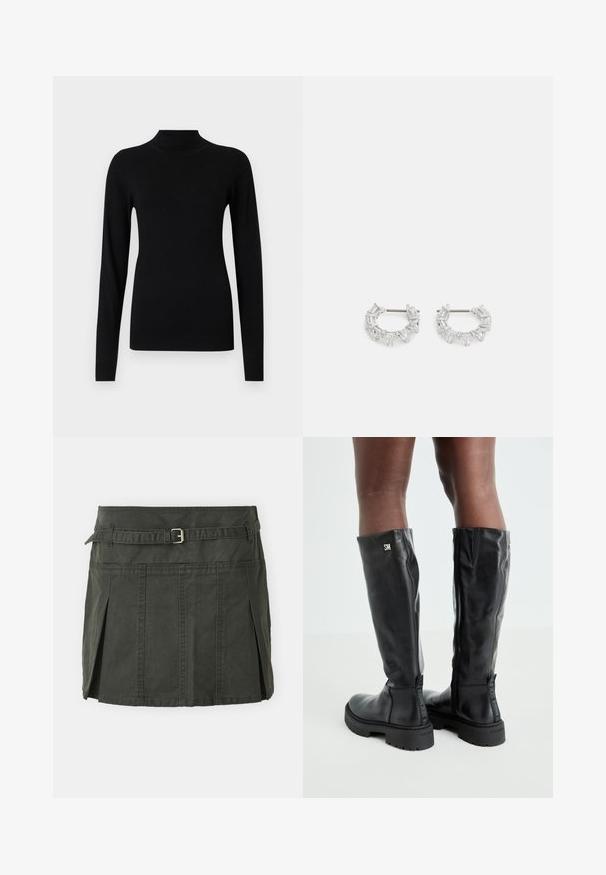 Mustmust särk, mis on valmistatud siledast ja kergest kangast. Omab pikki varrukaid ja täpselt sobivaid mansette, samuti soonikkoes ääriseid.; Tume roheline puuvillane mini-seelik, mis on kätkestatud vöökoht, vöö ja esipleatiga. Omab õmblusdetailsusi ja klassikalist lõiget.; Mustad põlvikõrgused mustad nahast saapad, millel on sile tekstuur, ümar varvas, paks põhi ja tõmblukk. Küljel on hõbedane logo.; Hõbedased rõngakõrvarõngad, millel on selged, ristkülikukujulised ja kolmnurkse kujuga kristallid, mis on paigutatud mustriga disaini. Kõrvarõngaid kinnitavad postid, et tagada kindel kinnitamine.