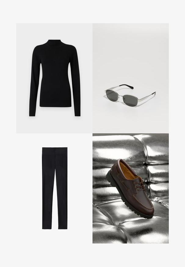 Sort turtleneck sweater lavet af glat, letvægtigt stof. Har lange ærmer og tætsiddende manchetter, med ribbet tekstur ved kanten.; Sorte leggings lavet af strækbart stof; har en glat overflade, fuld længde design og en elastisk talje uden synlige sømme.; Brune læder bådsko med sort gummisål hvilende på en skinnende metallisk sølvfarvet polstret overflade.; Sunglasses med grå linser, slank sølvmetalramme, gennemsigtige detaljer og sorte spidser på stængerne. Har en oval form.; Hvid krokodillepræget håndtaske med to håndtag, rektangulær form og lynlås lukning. Vist mod en lys baggrund.