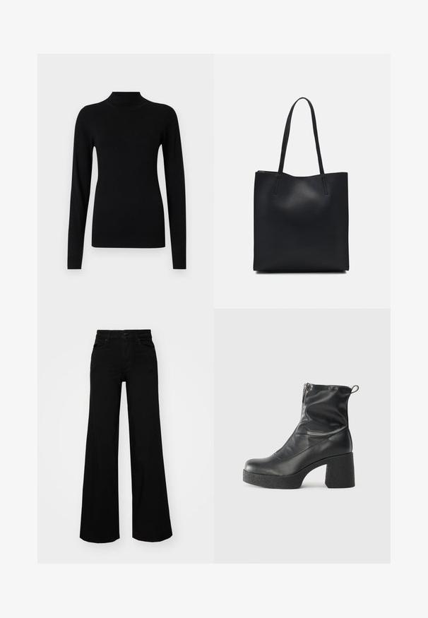Pulover negru cu guler înalt, fabricat dintr-un material fin și ușor. Are mâneci lungi și manșete ajustate, cu textură ribbed la tiv.; Pantaloni negri cu picioare largi, din denim, cu un brau structurat, bucle pentru curea și buzunare frontale. Textură netedă, cu un design clasic.; Bocanci negri de glezna din piele netedă, cu fermoar lateral, toc texturat și masiv, și design cu vârf rotund.; Geantă tote neagră din piele, cu textură netedă, formă rectangulară și două mânere lungi. Fără hardware vizibil sau ornamente.