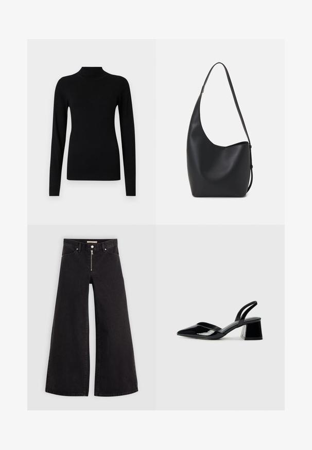 Juodas golfas, pagamintas iš lygios, lengvos medžiagos. Turi ilgus rankovės ir aptemptas rankogalius, su trajektorija prie apačios.; Plačios kojų džinsai iš juodo džinsinio audinio su užtrauktuku priekyje, penkių kišenių dizainu ir subtiliais siuvinėjimo akcentais. Lygus paviršius ir laisvalaikio stilius.; Juodos lakuotos odinės šlepetės su smailiu pirštu ir geometriniu bloko kulnu. Turi elegantišką, minimalistinį dizainą ir lygų paviršių.; Juodas odinis hobo maišas su lygiu paviršiumi, kreipta forma ir viena reguliuojama rankena; turi platų atidarymą viršuje.