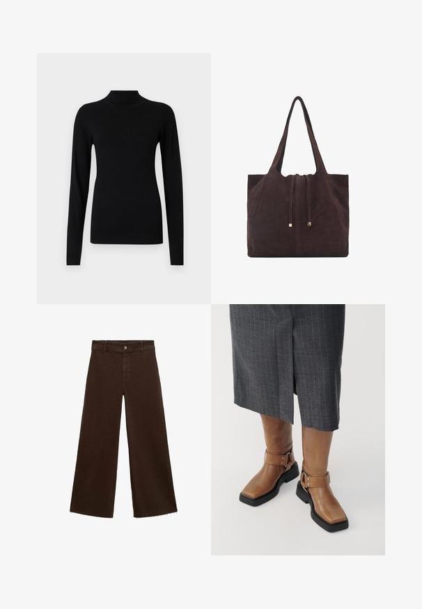 Zwarte coltrui gemaakt van gladde, lichte stof. Heeft lange mouwen en aansluitende manchetten, met ribbeltextuur aan de onderkant.; Bruine wijde broek in katoenmix, met een rafelige zoom, sluiting met een knoop aan de voorkant en een klassieke vijf-pocketstijl. Minimalistisch en veelzijdig.; Bruine leren kniehoge laarzen met een vierkante neus, zwarte rubberen zool en verstelbare gespsluiting. Draagt bij een grijze streeprok.; Mango Shopper - dark brown