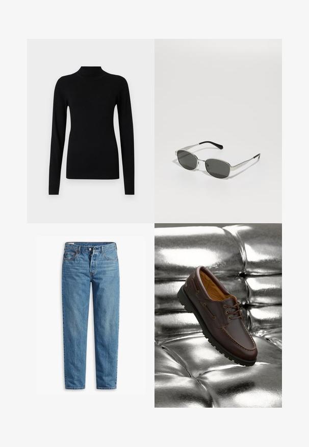 Un pull à col roulé noir en tissu lisse et léger. Il présente des manches longues et des poignets ajustés, avec une texture côtelée à l'ourlet.; Jean en denim bleu avec une coupe droite, dotés d'une fermeture éclair, de deux poches avant et d'un léger délavage sur l'ensemble du tissu.; Bateau en cuir marron avec semelle en caoutchouc noir reposant sur une surface métallique argentée brillante et capitonnée.; Lunettes de soleil avec des verres gris, monture en métal argenté slim, accents transparents et embouts noirs sur les branches. Elles ont une forme ovale.