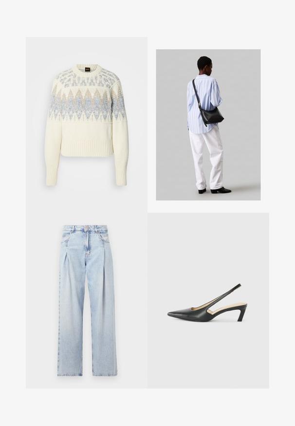 Πλεκτό πουλόβερ σε κρεμ χρώμα με ριμπ μανσέτες και τελείωμα, διακοσμημένο με μπλε και μπεζ γεωμετρικά σχέδια στο στήθος και στα πάνω μανίκια.; Ανοιχτό μπλε τζιν παντελόνι με ψηλή μέση, φαρδιά γραμμή, δύο πλαϊνές τσέπες και σχέδιο με πτυχώσεις. Μαλακή υφή με ξεθωριασμένο φινίρισμα.; Μαύρο παπούτσι slingback με αιχμηρή μύτη και χαμηλό τακούνι, κατασκευασμένο από λείο δέρμα με σχέδιο κοπής στη πλευρά για αερισμό.; Μαύρη δερμάτινη τσάντα ώμου με απαλή υφή, τριγωνικό σχήμα και ρυθμιζόμενο λουρί, συνδυασμένη με ένα ανοιχτό μπλε ριγέ πουκάμισο και λευκό παντελόνι.