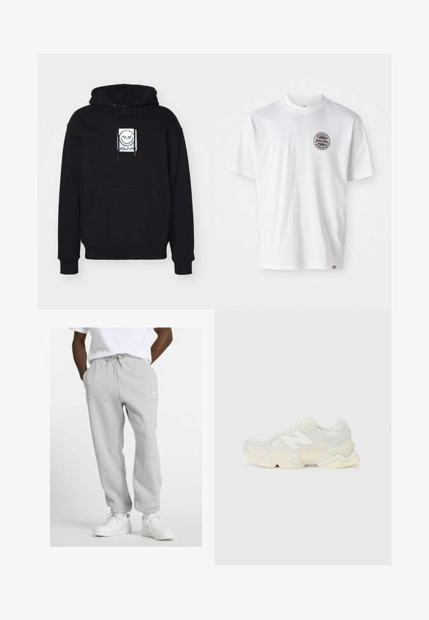 Felpa nera con cappuccio realizzata in tessuto morbido, dotata di una grafica centrale con un sorriso. Ha una tasca frontale e un cappuccio regolabile con lacci.; T-shirt bianca in cotone con un logo rotondo sul petto. Collo crew, maniche corte, vestibilità rilassata, con accenti rossi e neri.; Uomo che indossa pantaloni della tuta grigio chiaro con cordino e sneaker bianche, in piedi con le mani in tasca su uno sfondo bianco.; Sneaker leggera con tomaia in rete e camoscio in morbide tonalità crema, dotata di una suola spessa e di accenti tridimensionali.