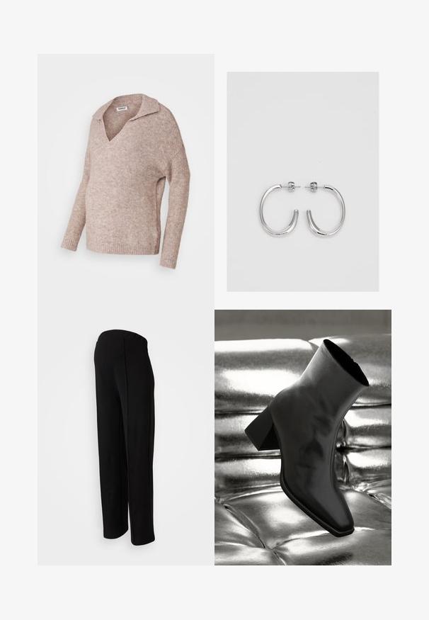 Pulover tricotat de culoare bej deschis, cu decolteu în V și guler. Textură moale, mâneci lungi, croi lejer și detalii cu tiv ondulat.; Pantaloni negri, cu talie înaltă și croi drept, având o textură netedă și fără închideri vizibile, evidențiați de detalii la cusăturile laterale.; Cizme negre până la gleznă, realizate dintr-un material lucios, cu vârf pătrat și toc conic, plasate pe un fundal strălucitor de argint, cu un model tuftat.; Cercei rotunzi din argint cu un finisaj neted și strălucitor. Design ușor, având o formă rotundă și închidere cu tijă.