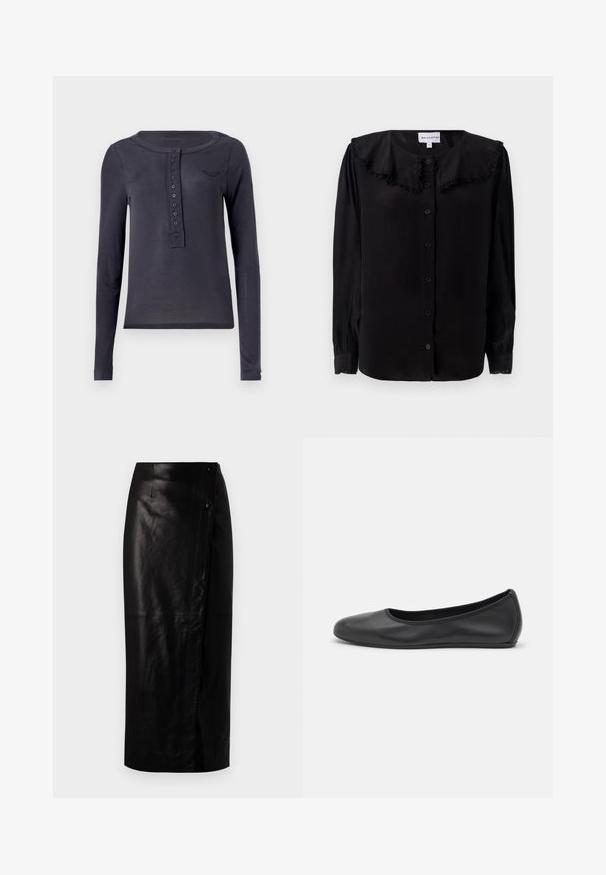 Ilgų rankovių tamsiai mėlynas henley marškinėlis pagamintas iš lengvos medžiagos, turintis sagų apykaklę ir mažą siuvinėtą logotipą ant krūtinės.; Juoda ilgomis rankovėmis bluzonė su raukšlėtu apykakle, priekiniais mygtukais ir siaurėjančiais rankogaliais. Pagaminta iš lygaus audinio su subtiliu švytėjimu.; Juoda odinė midi sijonas su surišimo dizainu, turintis šoninius mygtukus, lygią tekstūrą ir tiesią siluetą.; Juodai odiniai baletai su apvaliu pirštu, lygi texture, minimalus siuvimo detales ir lanksčiu padų dizainu.