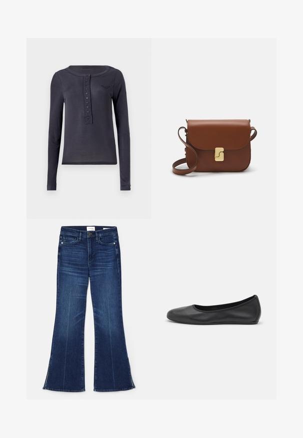 Navy henley shirt met lange mouwen van lichtgewicht materiaal, voorzien van een knoopsluiting aan de voorkant en een klein geborduurd logo op de borst.; Donkerblauwe uitlopende jeans gemaakt van denim. Beschikt over een hoge taille, voorzakken en splitdetails aan de zoom. Klassiek vijfzakontwerp.; Zwarte leren ballerina met een ronde neus, gladde textuur, minimale stikdetails en een flexibele zoolontwerp.; Bruine leren handtas met een klep sluiting, gouden hardware, een schouderband en een gladde textuur. Compact rechthoekige vorm.
