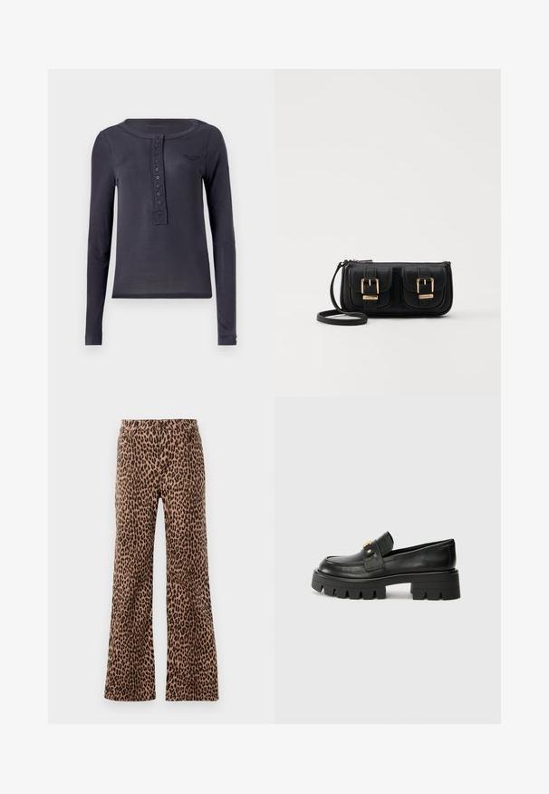 Long-sleeve navy henley shirt made of lightweight material featuring a buttoned placket and a small embroidered logo on the chest.; Leopard print wide-leg pants in beige and black, featuring a smooth texture and tapered hem. Design with standard waistband and pockets.; Black leather loafers with a chunky sole, featuring a gold-tone accent on the front and a smooth finish. Chunky tread design on the sole.; Black leather crossbody bag with two front pockets, gold buckles, zipper closure, and a slim strap. Textured surface and compact rectangular shape.