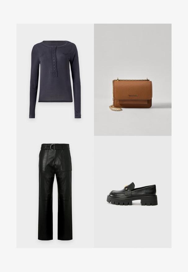 Long-sleeve navy henley shirt made of lightweight material featuring a buttoned placket and a small embroidered logo on the chest.; High-waist black leather pants with wide legs, large front patch pockets, and a matching belt with double-ring buckle.; Black leather loafers with a chunky sole, featuring a gold-tone accent on the front and a smooth finish. Chunky tread design on the sole.; Brown textured leather crossbody bag with gold chain strap and flap closure. Front features logo detail and a pocket under the flap.