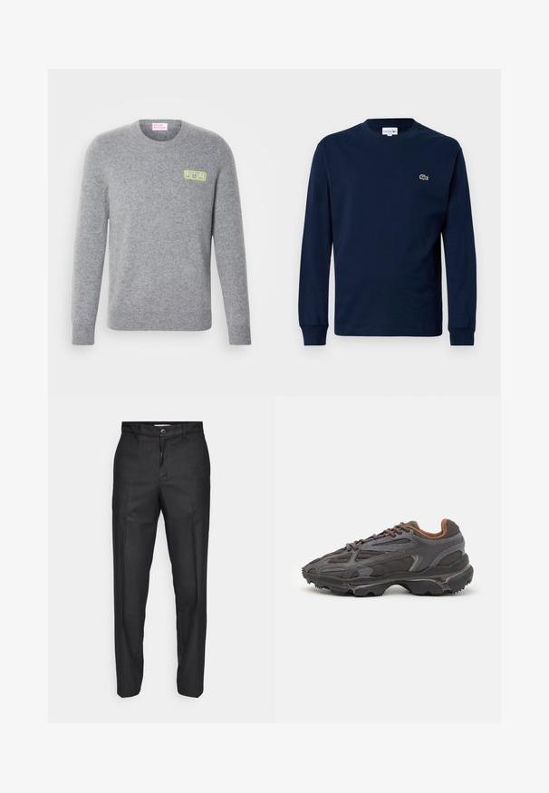 Pilkas megztinis su apvalia iškirpte. Ant krūtinės yra mažas žalias "FUTURE" logotipas. Riebūs rankogaliai ir apvadas, minkšta tekstūra.; Jūrinės laivyno ilgos rankovės marškiniai, pagaminti iš medvilnės, su apvaliu iškirpimu ir mažuoju žaliu krokodilu logotipu kairiajame krūtinės šone.; Juodi kelnių pagaminti iš glotnaus audinio, su priekiniais sagomis, tiesiomis kojomis ir be matomų kišenių ar raštų.; Lacoste sportbačiai tamsiai pilki, pagaminti iš tinklinės ir sintetinių medžiagų, su tekstūruotu padu ir rudomis detalėmis ant apykaklės bei prekės ženklo.