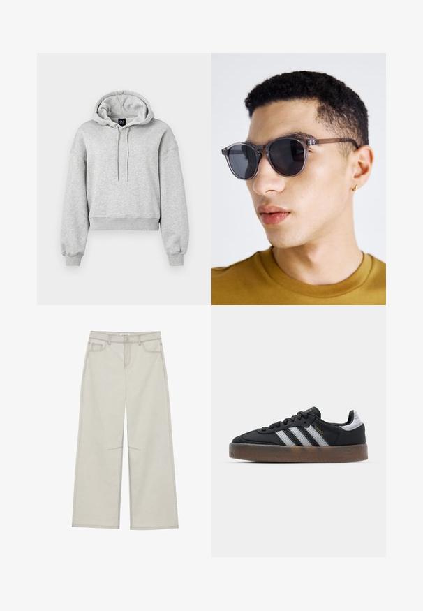 Grau geschnittenes Hoodie aus weichem Stoff, mit Kapuze mit Kordelzug, gerippten Bündchen und lockerer Passform. Branding auf dem Halsausschnitt.; Hellgraue, weit geschnittene Hose mit fünf Taschen, vorderem Knopfverschluss und kontrastierenden Nähten. Der Stoff wirkt weich und langlebig.; Schwarze Sneakers mit einem schlanken Design, versehen mit drei weißen Streifen, einer schwarzen Zunge und einer strukturierten braunen Gummisohle. Akzente mit goldener Schrift.; Graue, runde Sonnenbrillen mit einem transparenten Rahmen, ausgestattet mit dunklen Gläsern und dünnen, eleganten Bügeln. Getragen von einer Person mit kurz gewelltem Haar.
