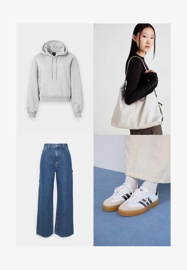 Felpa corta grigia realizzata in tessuto morbido, con cappuccio regolabile, polsini a coste e vestibilità comoda. Marchio visibile sul colletto.; Pantaloni in denim blu a gamba larga con vita alta, cuciture a contrasto e tasche laterali, caratterizzati da un classico design a cinque tasche e orli grezzi.; Sneakers bianche con strisce nere e accenti in suede beige. Presentano una suola in gomma texturizzata e lacci bianchi piatti, indossate con calzini di colore chiaro.; Borsa a mano beige realizzata in materiale morbido, caratterizzata da un design morbido, dettagli cuciti e due manici. Adatta per l'uso quotidiano.