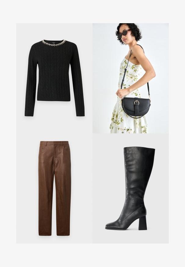 Juodas kabelinėmis sutvarkytas megztinis su ilgomis rankovėmis ir apvaliu iškirpimu, puošniu diržu su dirbtinėmis perlų eilėmis aplink apykaklę.; Rudos odinės kelnės su glotnia tekstūra, tiesaus kirpimo dizainu ir dviem šoninėmis kišenėmis. Pabrėžti matomi siuvimo detalės.; Juodi iki kelio siekiantys batai iš lygaus odos, turintys kvadratinį pirštą ir masyvų kulną. Paprastas dizainas be puošmenų.; Juodas odinis krepšys su išlenkta forma, nuimamu dirželiu ir auksiniais detalėmis. Krepšys turi kilpą su sagtimi.