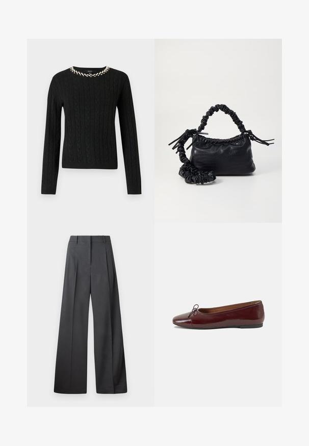 Svart kabelstrikket genser med lange ermer og rund halskrage pyntet med en rad av falske perler langs kragen.; Vide bukser i mørkegrått stoff med høy livlinje, enkel press, og en glatt tekstur med en ren finish på ermekantene.; Burgunderrød lakk lær ballettleilighet med rund tå, liten sløyfe foran og en lav, svart gummisåle. Glatt tekstur.; Svart faux skinn-håndveske med krokodilletekstur, strammet topp og en rynket stropp. Ser myk og kompakt ut i designen.