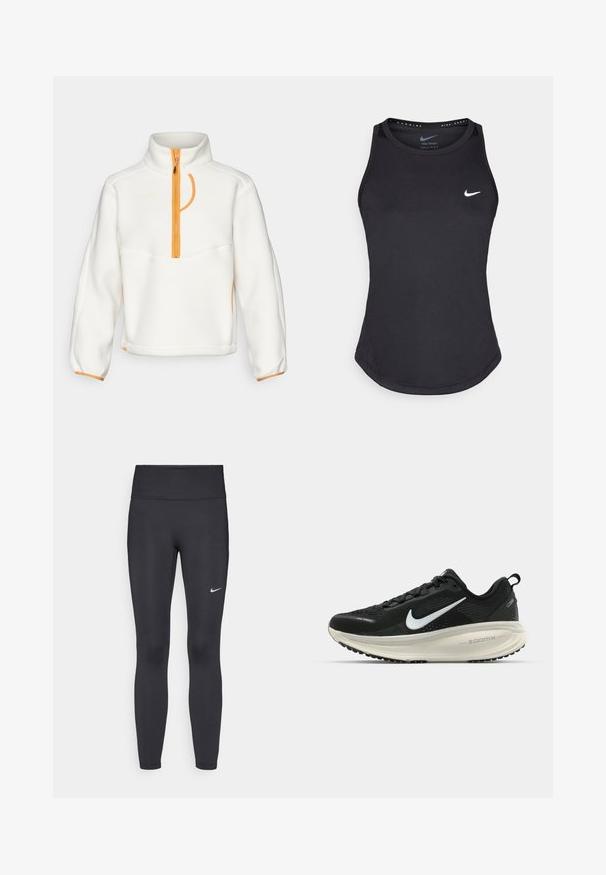 HOKA - Bluza z polaru; Czarny sportowy top bez rękawów wykonany z materiału odprowadzającego wilgoć. Posiada okrągły dekolt, dopasowany krój oraz białe logo Nike na piersi.; Czarne legginsy z elastycznego materiału, z wysokim pasem i białym logo Nike na lewym udzie. Gładka tekstura, dopasowany krój.; Czarna biegowa półbut z oddychającej siateczki, białym logo swoosh, teksturowanymi detalami oraz kremową podeszwą środkową ZoomX.