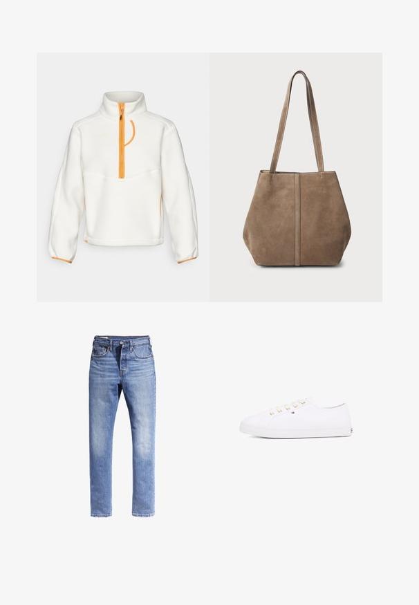 HOKA RIDGETOP - Felpa in pile - eggnog; Jeans in denim azzurro chiaro con design a gamba dritta, cinque tasche e cuciture a contrasto. Il tessuto appare leggermente consunto.; Sneaker bianco in tela con occhielli dorati, lacci piatti, suola in gomma strutturata e branding minimale sul lato. Design a profilo basso.; Borsa tote in suede marrone con due lunghe maniglie, dettaglio con cucitura verticale sulla parte anteriore e una texture morbida. Design spazioso adatto per l'uso quotidiano.