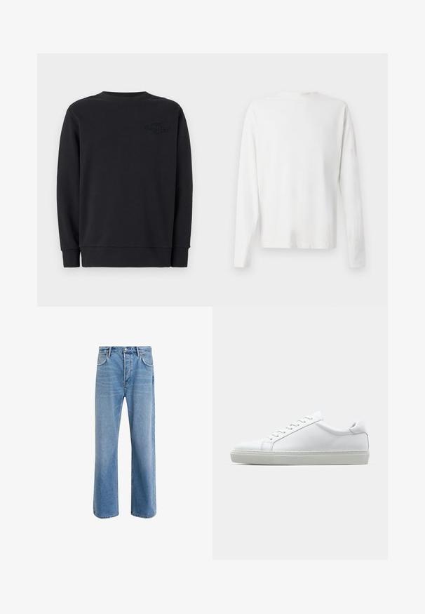 Schwarzer Pullover mit langen Ärmeln, geripptem Rundhalsausschnitt und strukturiertem Logo auf der Vorderseite. Aus weichem Stoff gefertigt, mit lässiger Passform und umgenähten Säumen.; Langärmliges weißes Baumwollhemd mit rundem Ausschnitt, seitlichen Schlitzen am unteren Rand und glatter Textur, von hinten präsentiert.; Helle blaue Jeans im Geradeschnitt-Design, mit fünf Taschen, Knopfverschluss, minimaler Ausbleichung und kontrastierenden Nähdetails.; Weißer Sneaker mit glattem Lederobermaterial und niedrigem Profil. Verfügt über eine runde Zehenpartie, sechs Ösen und eine strukturierte Gummisohle.