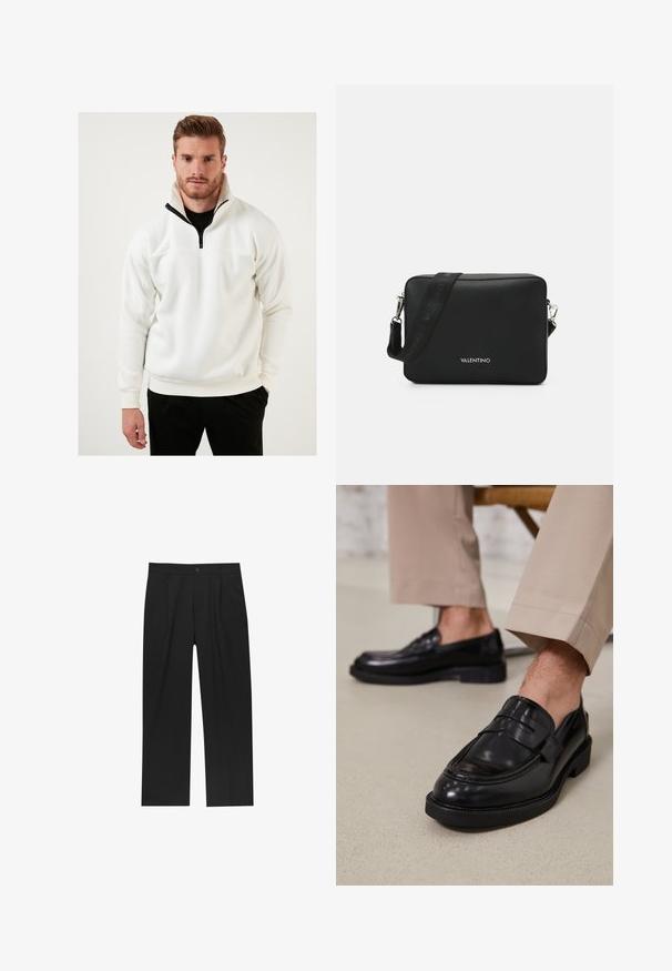 Pullover bianco realizzato in morbido tessuto, con colletto a metà zip con accenti neri. Il design include polsini a costine e una vestibilità rilassata.; Pantaloni neri con un design a gamba dritta, realizzati in un tessuto liscio. Presentano pieghe frontali e una chiusura a un bottone in vita.; Mocassini in pelle nera con finitura liscia, dotati di una cintura decorativa e cuciture a contrasto, abbinati a pantaloni beige.; Borsa a tracolla rettangolare nera realizzata in materiale testurizzato, dotata di una chiusura in metallo argentato e di una tracolla regolabile con marchio.