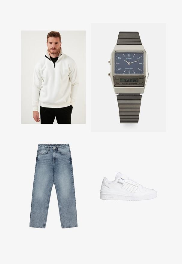 Pulóver blanco hecho de una tela suave, con un cuello de media cremallera y detalles en negro. El diseño incluye puños acanalados y un corte relajado.; Jeans de mezclilla azul claro con corte recto, costuras visibles, diseño de cinco bolsillos y cierre de botón en la cintura.; Zapatillas deportivas blancas con una parte superior de cuero suave, punta perforada, tres acentos de rayas y una correa de Velcro. Suela de goma con detalle de marca.; Reloj digital Casio con esfera azul, caja plateada y correa de goma negra estratificada. Muestra la hora y la configuración de la alarma. Resistente al agua.