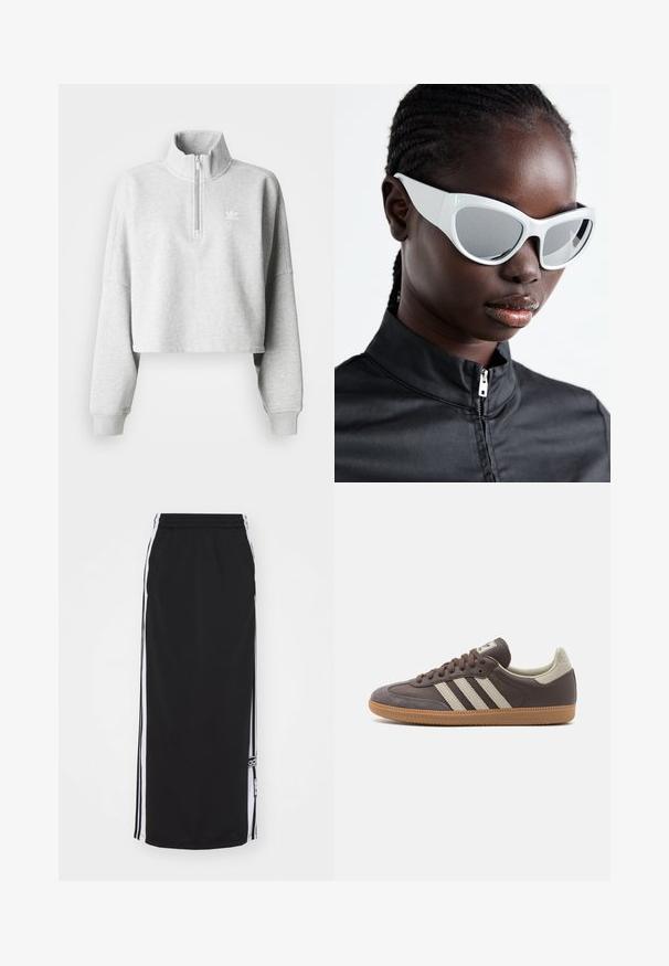 Felpa grigia chiara a maniche corte con colletto alto e mezza zip. Presenta maniche ampie e un piccolo logo bianco sul petto. Realizzata in tessuto misto cotone.; Gonna sportiva nera con strisce bianche sui lati, cintura elastica e dettaglio del logo. Realizzata in tessuto traspirante, design fino al ginocchio.; Sneaker in pelle marrone con tre strisce chiare, suola in gomma, punta arrotondata e dettagli in suede texture sul tallone e sulla punta.; Occhiali da sole bianchi con un design audace e squadrato, dotati di lenti specchiate, con montatura in plastica liscia e curve accentuate.