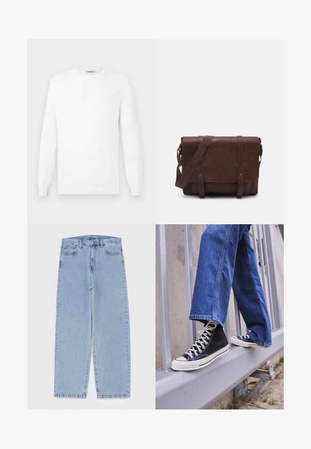 Suéter branco tricotado com decote redondo e punhos canelados. A textura apresenta um padrão sutil com riscas horizontais.; Jeans de denim azul claro com design de perna reta, apresentando uma cintura de altura média, cinco bolsos e um fecho de botão e zíper.; Ténis altos pretos com sola e atacadores brancos, combinados com jeans azul desgastado, repousando sobre um corrimão cinza.; Mala mensageiro de couro castanho com uma aba frontal plana, duas correias, detalhes em metal dourado e uma alça de ombro ajustável.
